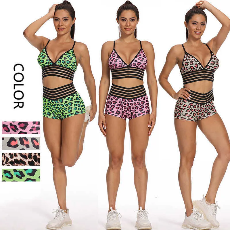 Summer Sport Set Mulheres Mulheres Leopard Leopard Crop Top Shorts Terno Esporte Sports Sports Yoga Sportsuit Workout Outfit Respirável Gym Set X0629