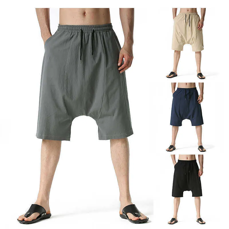 Retro Flying Squirrel Pants Men's Casual Pants Breathable Summer Beach Shorts Linen Cotton 3/4 Pants with Pockets 20210413-6 X0723
