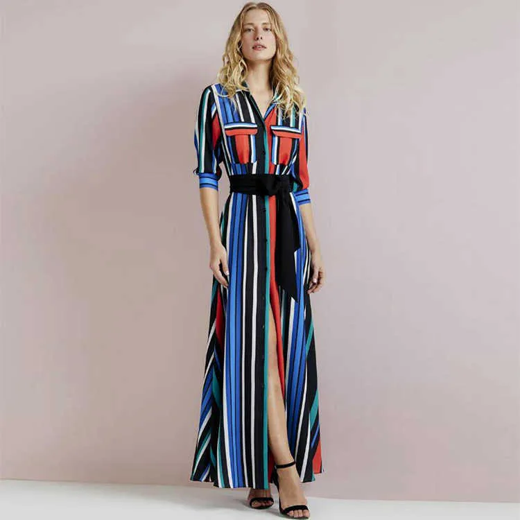 Vintage mode passform och flare multi-color stripe tryckt lös-passform smal slits spets-up båge klänningar 210615