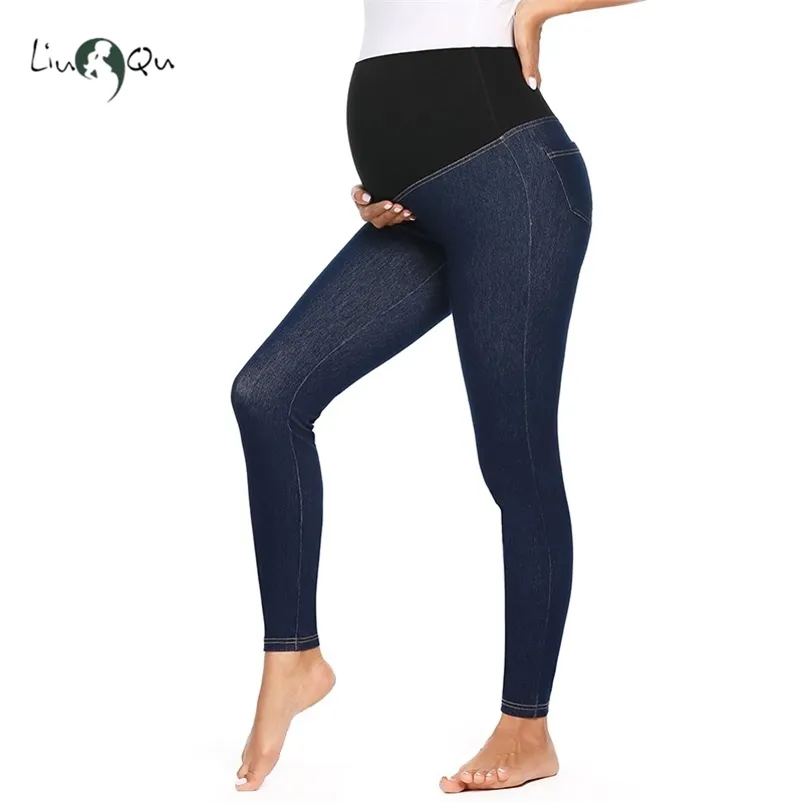 Kvinnors Maternity Jeans Super Stretch Slim Fit Jeggings för kvinnor Hög midja Jean Leggings med fickor Skinny 210721