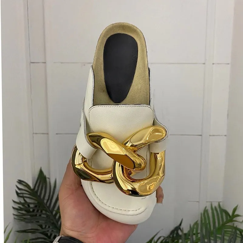 Gold Chains Slippers Genuine leather Flip Flops Flat heel Muler Slides Women Loafers Sandals with box