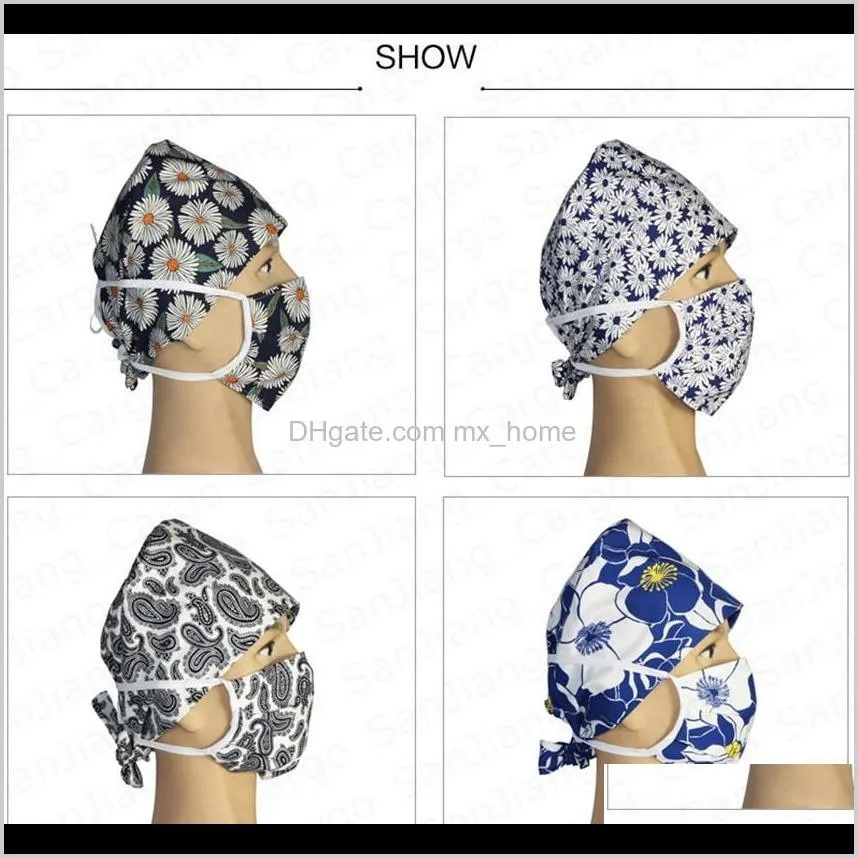 floral cartoon nurse cap doctor hat and face mask two piece set washable protective cotton masks nursing headwear anti dust covers