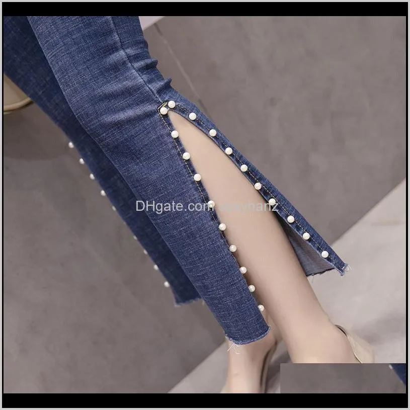 new arrival korean wild beaded fork high waist slim nine points jeans women`s clothing fashion cotton spring and summer pants1
