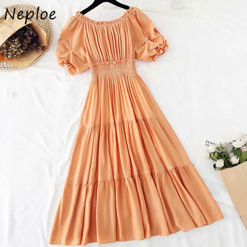 Neploe Puff Sleeve Slash Neck Women Dresses Summer French Style Candy Color High Waist Vestidos New Fungus Patchwork Dress Y0726