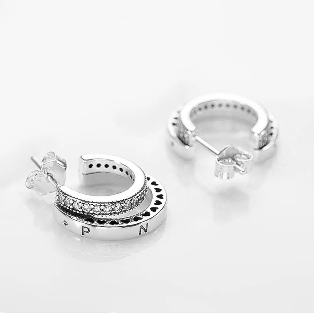 Серьги стерлингового серебра 925 для Pandora Double Pavé CreoLes для женского дня рождения новогодние украшения для ювелирных изделий мода роскошь