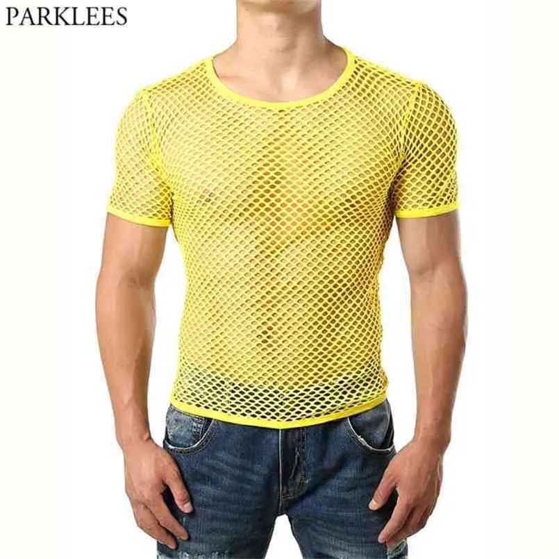 Yellow Mesh See Through Tshirt Men Sexy Short Sleeve Fishnet Transparent Tee Shirt Homme Hip Hop Streetwear Tops Tees 210714