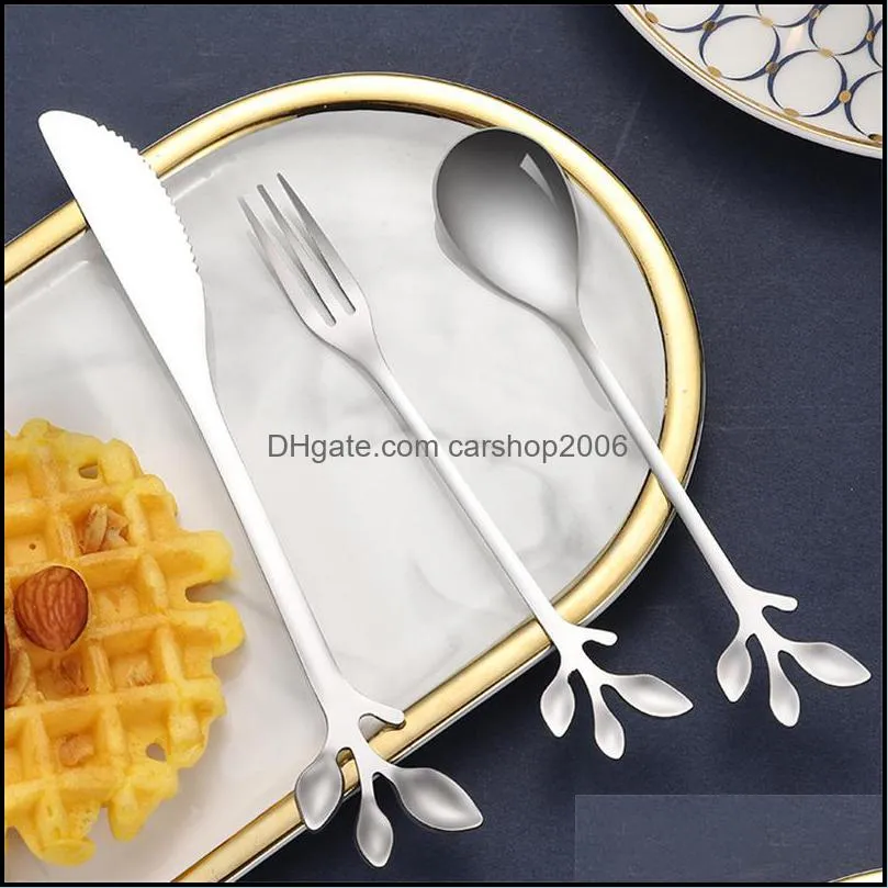 Stainless Steel Knife Fork Spoon Creative Branch Leaves Coffee Stirring Spoons Dessert Fork Kitchen Accessories Tableware JK2005XB