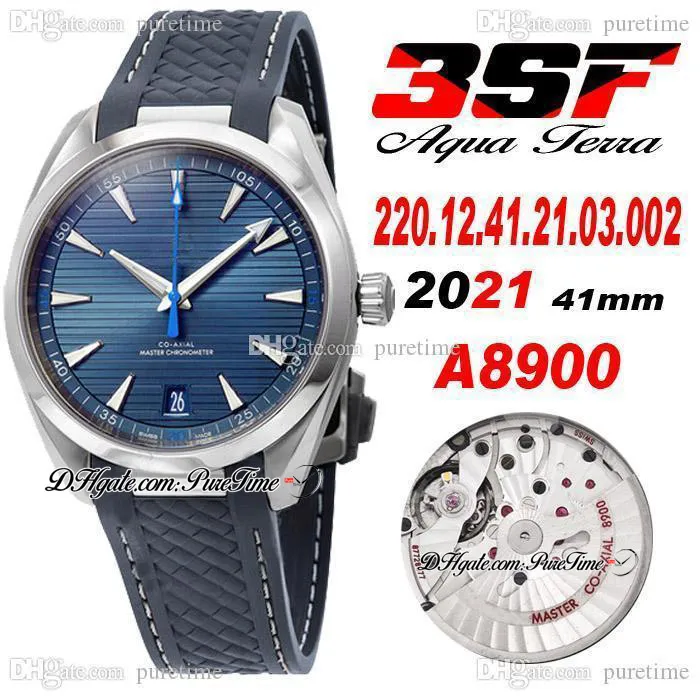 3SF Aqua Terra A8900 Automatic Mens Watch Steel Case Blue Horizontal Teak Pattern Dial Stick Rubber With White Line Super Edition 2220.12.41.21.03.002 Puretime 01a1