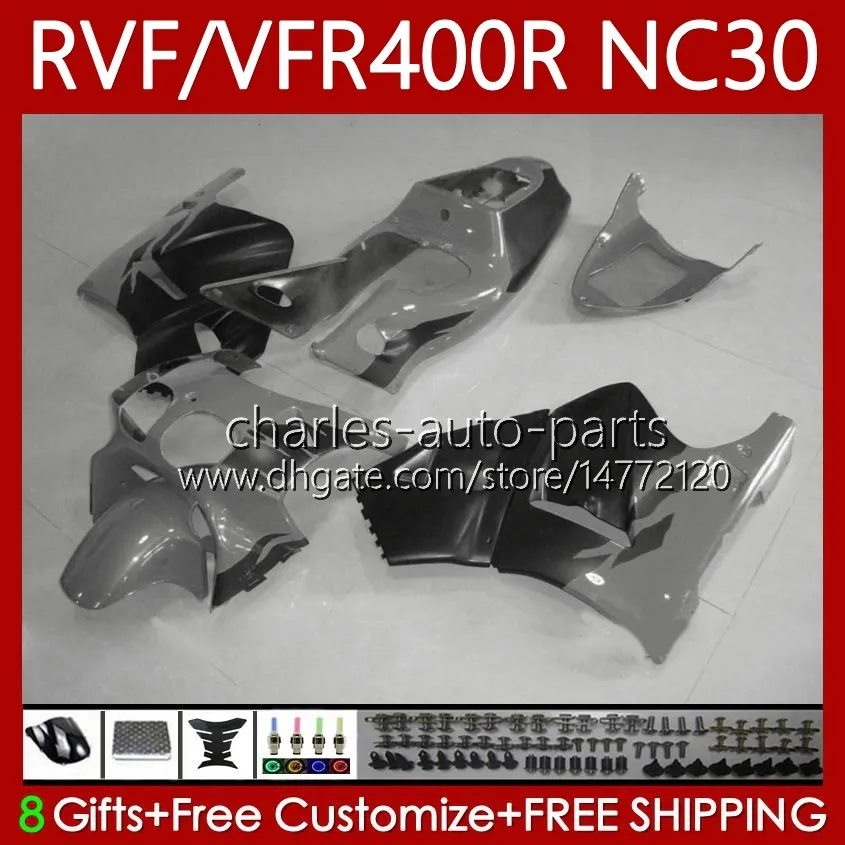 Fairings Kit för Honda VFR400 R RVF400R NC30 V4 1989 1990 1991 1992 1993 79NO.121 RVF VFR 400 RVF400 Grå Svart R 400RR VFR 400R VFR400RR 89-93 VFR400R 89 90 91 92 93 Kropp