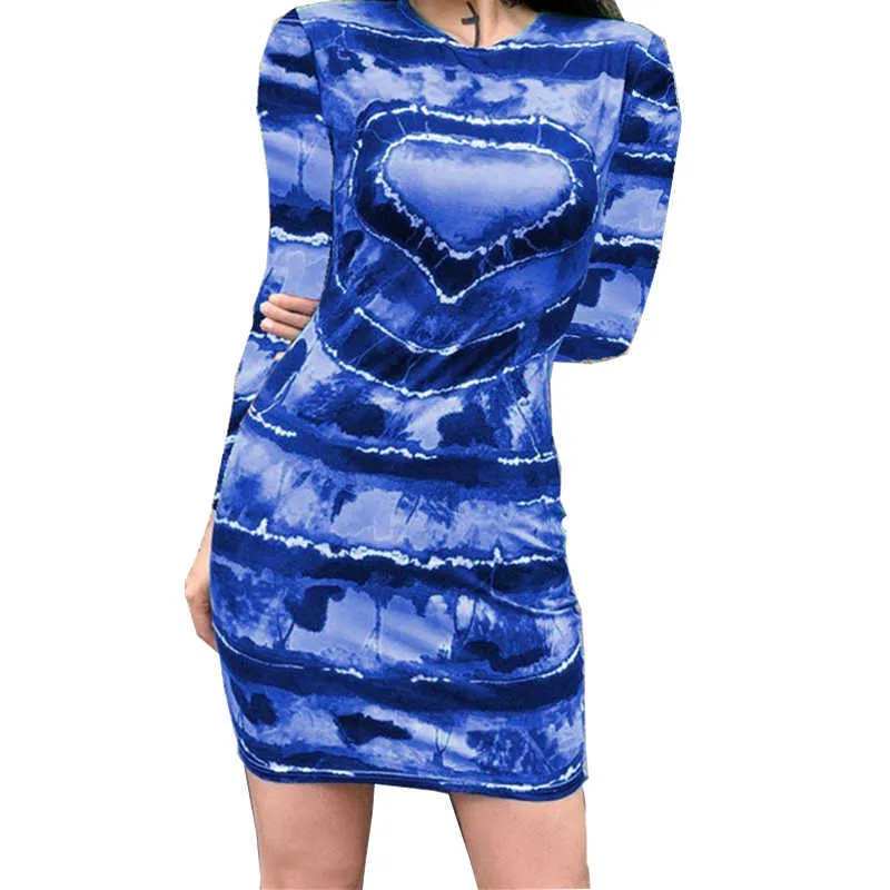 Tie Dye Print Z Długim Rękawem Bodycon Sukienka Kobiety Eleganckie O Neck Pakiet Hip Party Mini Es Spring Lady Elastyczna Skinny 210526