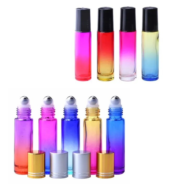 10ml Gradient Kolor Szklany Butelki Roll-On Butelki Olejki ciekłe Olejek z roletą ze stali nierdzewnej i aluminiowej nakrętki folii DH8466