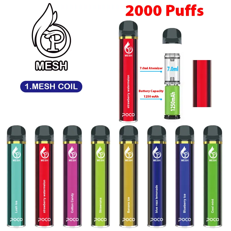 POCO Mesh Coil 2000 Puffs Одноразовые Vape Pen Eletronic сигарета 1250 мАч 7 мл 10 цветных устройств VS Bang XXL картридж E Cigrette