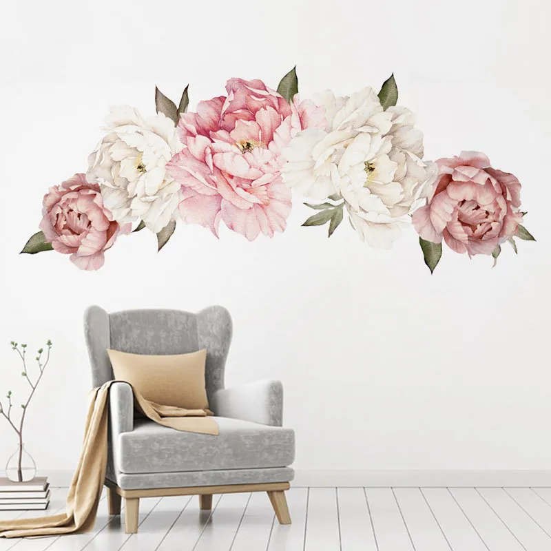 Lindas flores de peônia rosa adesivos de parede para quarto de crianças sala de estar decoração de casa decalque de parede decoração de casa bebê berçário298j