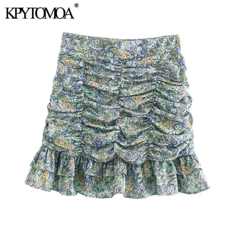 kpytomoa 여성 세련된 패션 러프 된 pleated 인쇄 된 미니 스커트 빈티지 높은 허리 뒤 지퍼 여성 스커트 mujer 210708