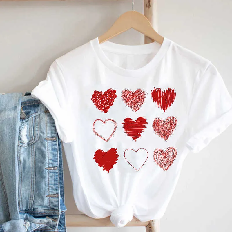 Mujer Casual dibujos animados 2021 Día de San Valentín manga corta Primavera Verano moda ropa estampado camiseta superior camiseta gráfica femenina X0628