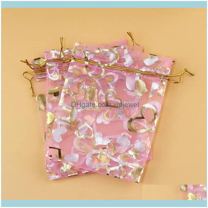 100pcs/lot 13x18cm Pink Organza Bag Hearts Design Wedding Gift Bags Cute Jewelry Candy Gifts Packaging Bag Organza Pouches