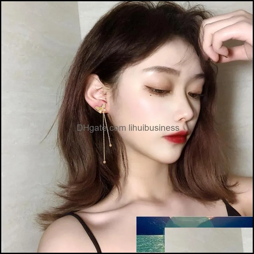 Delicate Premium Texture Long Tassel Earrings Temperamental Fashion Mosaic Full Rhinestone Butterfly Earrings Vigorous Girl Gift