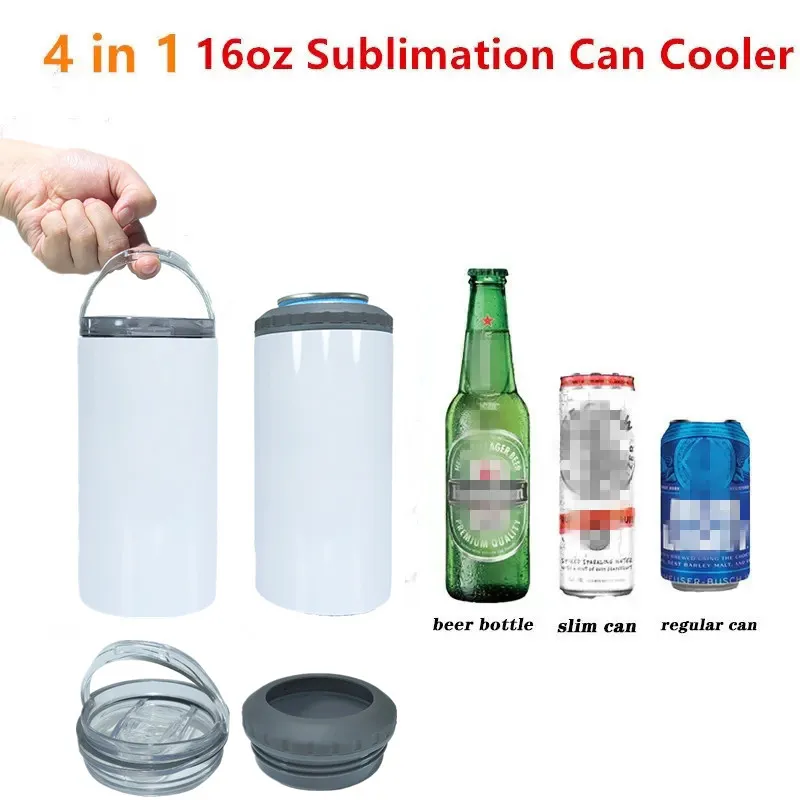 4 en 1 16 oz Sublimation peut refroidisseur gobelet droit en acier inoxydable peut isoler bouteille isolée sous vide isolation froide peut avec 2 couvercles