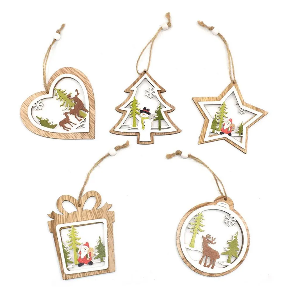 2021 35pcs / set ornements d'arbre de Noël suspendus arbre de Noël ajouré cloches en bois étoile à cinq branches décoration pendentif de fenêtre en bois