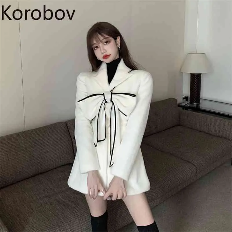 Korobov New Chic Vintage Elegant Lacing Bow Women Coats Korean Sweet Slim Hit Color Female Jackets A-Line OL Coat 210430
