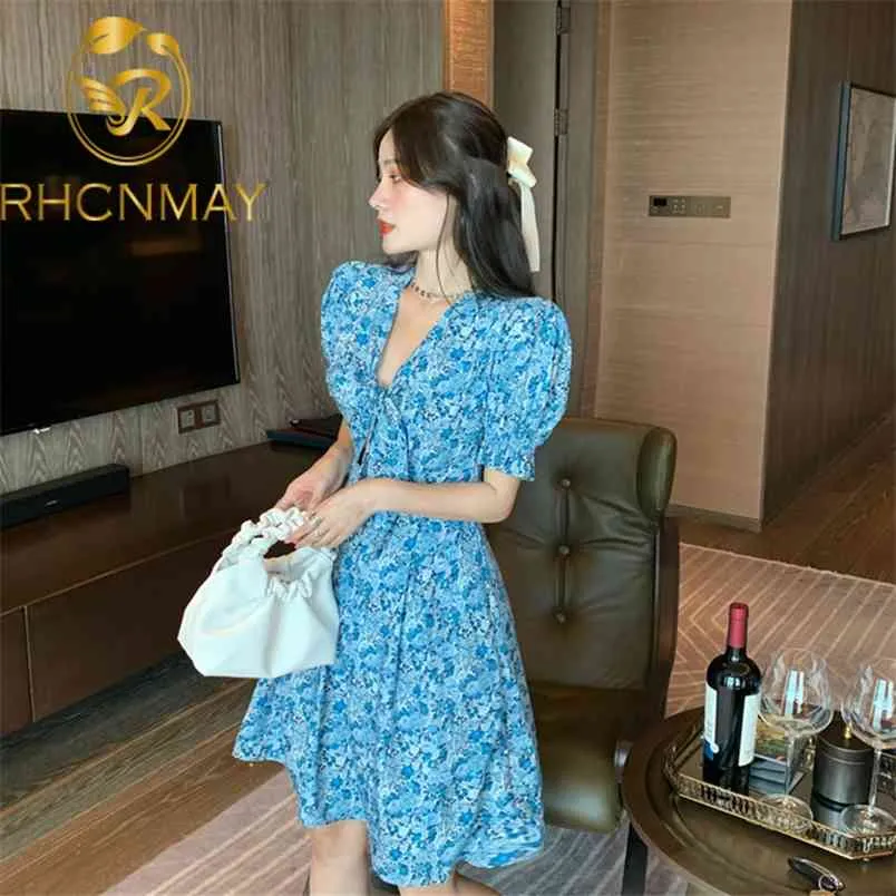 Women's Short Sleeve Blue And White Porcelain Dress V-neck Bandage A-line Slim Waist French Bubble 210506