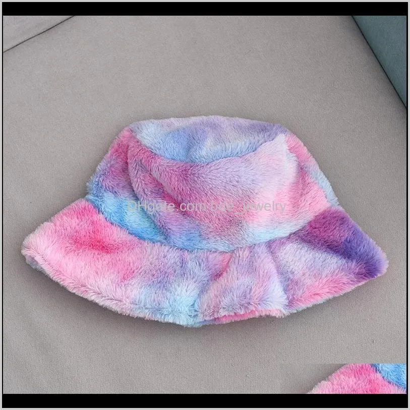 autumn and winter lady`s fisherman`s hat tie-dye rainbow plush style warm cap soft beautiful lovely match the girl sunshine