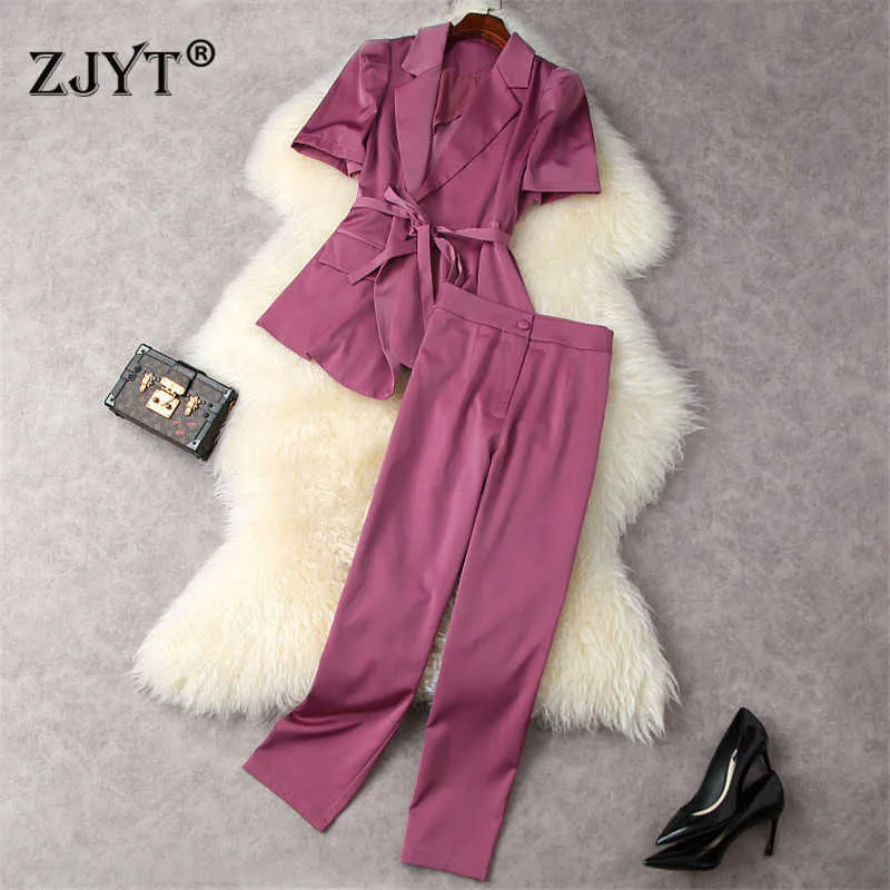 Kvinnors Byxor 2 Piece Set Sommardesigner Fashion Short Sleeve Lace Up Blazer Suit Pants Office Lady Business Outfit 210601