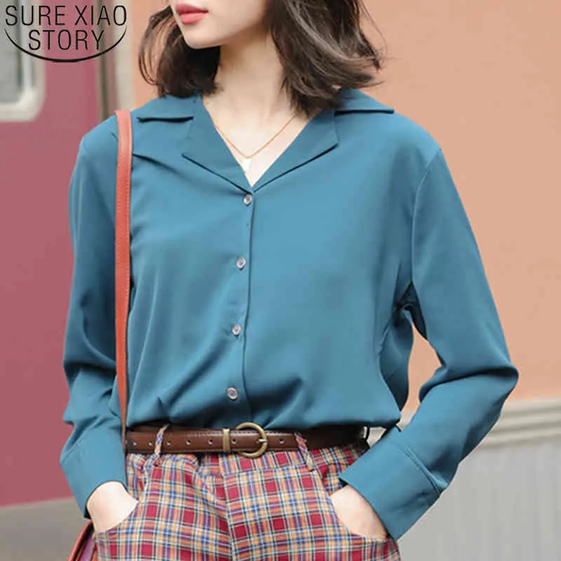 Kvinnor och toppar Hong Kong Style Solid Enkel Vintage Loose Långärmad T-shirts Chiffon Blouses Suit Collar Blusas 10463 210417