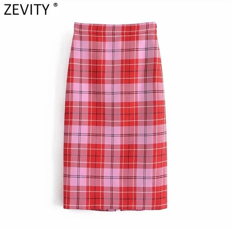 Zevity Kobiety Vintage Czerwona Plaid Drukuj Dorywczo Linia Midi Spódnica Faldas Mujer Side Zipper Split Odchudzanie Vestidos Qun743 210619 \ t