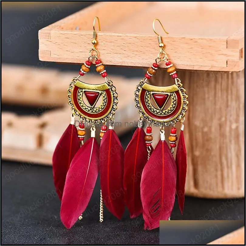 Bohemian White Semicircle Long Feather Tassel Ladies Earrings Women Summer Indian Jewelry Natural Wood Beads Dangle Earrings