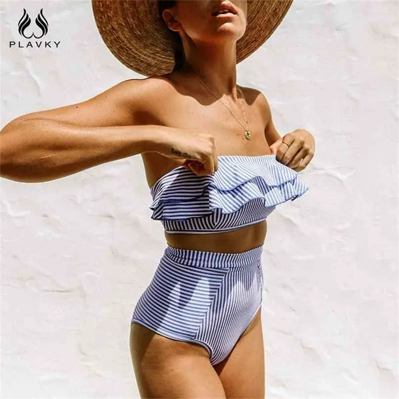 Sexy Retro Blue White Striped Bandeau High Waist Bikini Lady Swimwear Women Swimsuit Female Ruffle Ruched Swim Bathing Suit 210702 From 27 46 DHgate