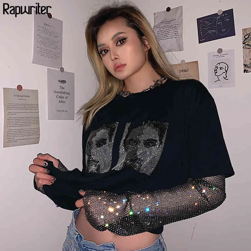 Rapwriter Patchwork Mesh Bling Glitter Luźne Czarne T Shirt Harajuku Graficzne Letnie Koszulki Dla Kobiet Koszulki Kobiet 210415
