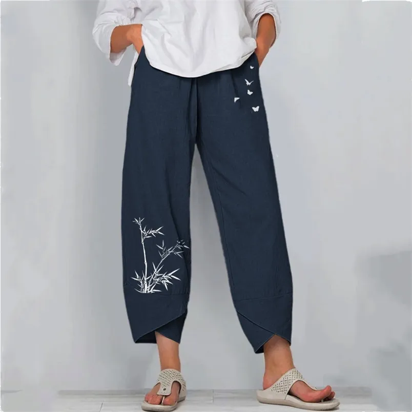 Wide-poot broek losse casual katoen en linnen elastische taille negen-punt vrouwen effen kleur zakken extra grote vrouw 210517