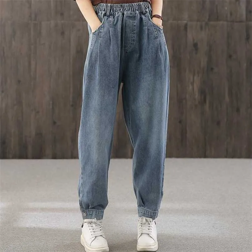 Casual Elastic High Waist Womens Denim Ankel Banded Byxor Vintage Baggy Mamma Harem Jeans Streetwear Spring Trousers Kvinna 211129