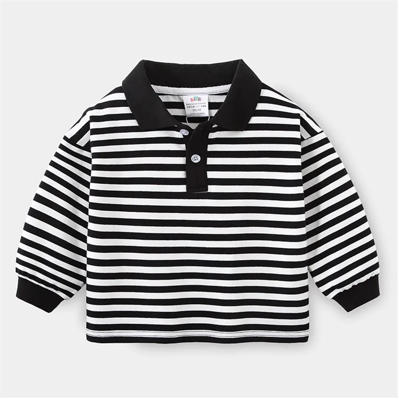 Wiosna Jesień 2 3 4 5 6 7 8 10 lat Szkoła Dzieci Bawełna Turn-Down Collar White Black Striped T-shirt dla dzieci chłopców 210625