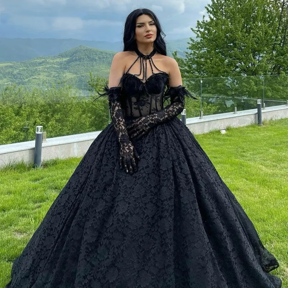 Victorian-Inspired Gothic Black Lace Wedding Dress with Beading, Halter  Corset, Appliques, and Illusion Detail