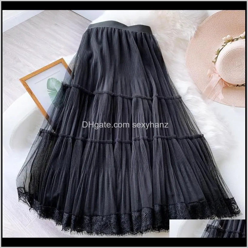 lace veil women skirt 2020 new spring summer mid-length pleated skirt slim a-line big swing fishtail faldas saias1
