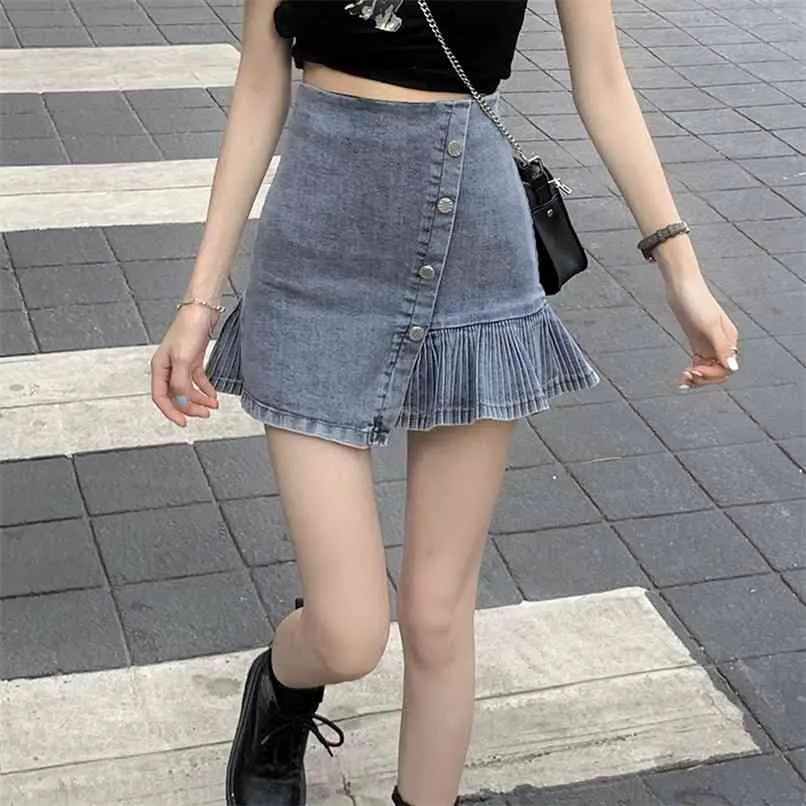 High waist denim skirt anti light 100 pleated A-line women's summer irregular 210529