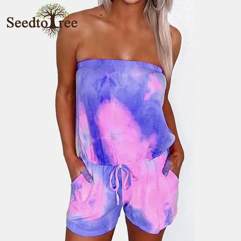 Tie Dye Print Strapless Drawstring Summer Rompers Women Playsuits Pocket Design Casual One Piece Overalls Jumpsuits Women's &