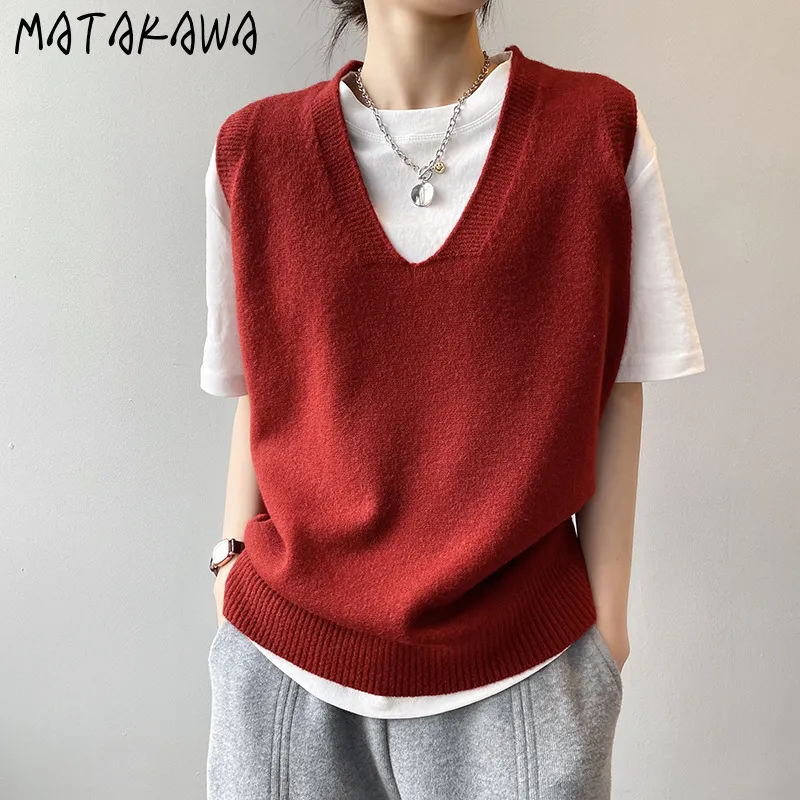 MATAKAWA Damen Strickweste Frühling Preppy Style V-Ausschnitt Pullover Weste Frauen locker und faul ärmellose Weste 210513