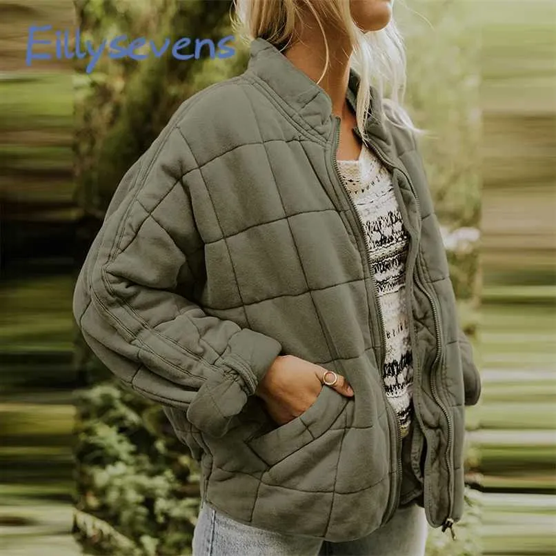 Casaco de cor sólida de mulheres Lightweight Quilted jackets Zip Up Sobros de Manga Longa Suporte Pescoço Quente Inverno Roupas 211109