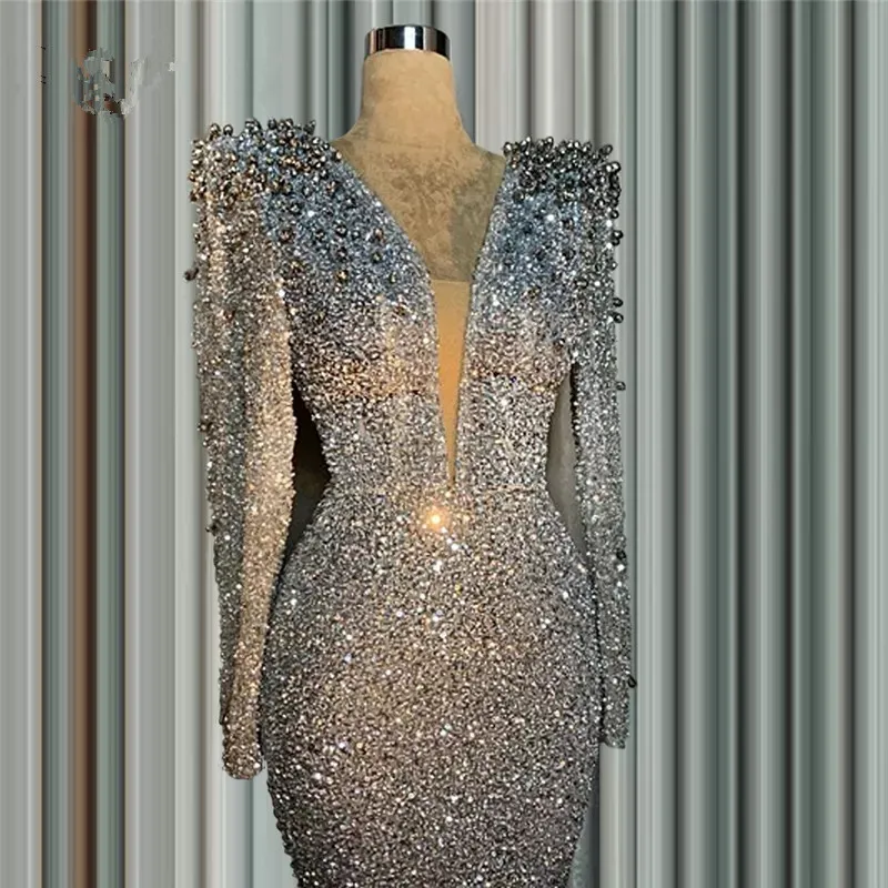 Glitter Prata Sereia Formal Vestidos de Noite para Mulheres Árabes Sexy profundo V Neck mangas compridas Cristais frisados ​​Prom Ocasião Vestidos de Novia