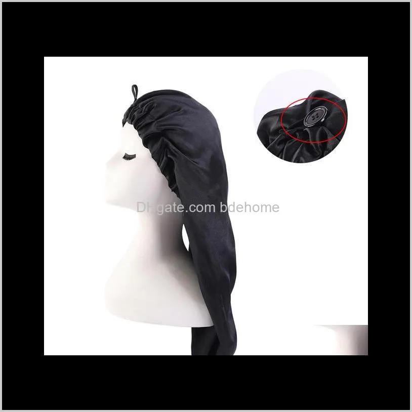 new long satin bonnet sleep cap with button high elastic hair band night cap hair care bonnet nightcap for women men chemo cap beanies