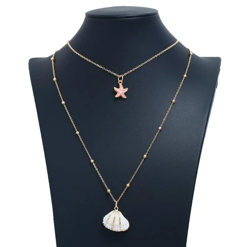 Hänge halsband Starfish Shell Multi-Layer Necklace Star Ladies Girl Fashion Beach Style Jewelry