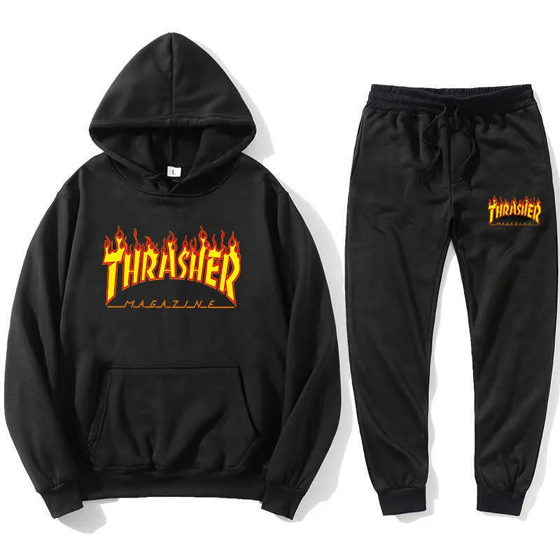 Flame Print Winter Sports Suit For Men And Women Casual Thrasher Hoodie And Pullover Pants Set X0610 From Davidsmenswearshop02 17.42 DHgate.Com