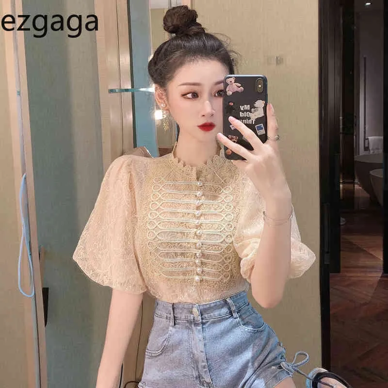 Ezgaga кружева лоскутная блузка женская короткая слойная рукава летняя новая элегантная жемчужная кнопка элегантные женские рубашки старинные blusas 210430