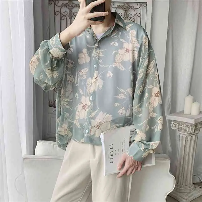 Erkek Hawaii Gömlek Uzun Kollu Güneş Kremi Giysi Çiçek Baskı Gevşek Camisa Masculina Moda S M-XL 210721