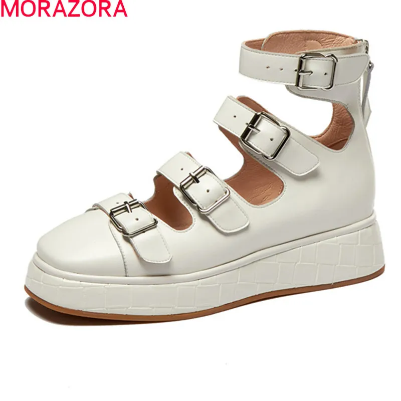 モラゾラ夏の本革の靴女性厚いボトムプラットフォームパーティーシューズバックルファッションレディースサンダルブラックホワイト210506