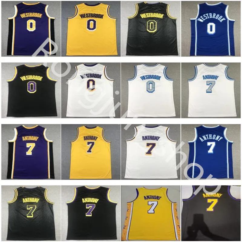 2021 농구 유니폼 Carmelo Anthony 7 Russell Westbrook 0 8 24 망 블루 화이트 옐로우 퍼플 블랙 컬러 6 제임스 최고 품질