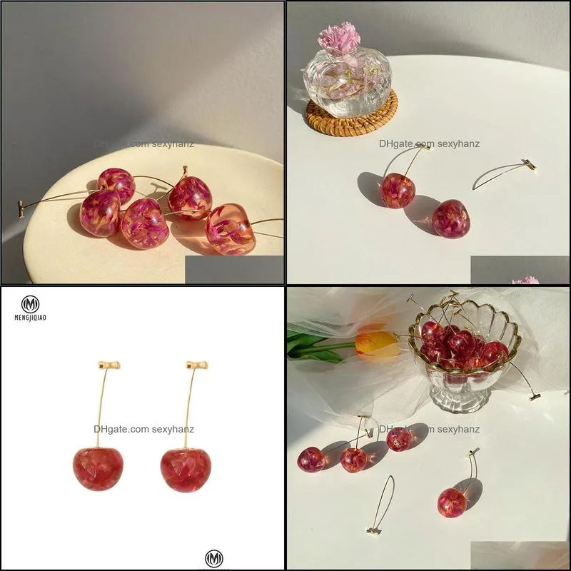 Korean cute Cherry Shaped Drop Earrings For Women Sweet Dried Flower Brincos Metal Line Pendientes Jewelry Gifts
